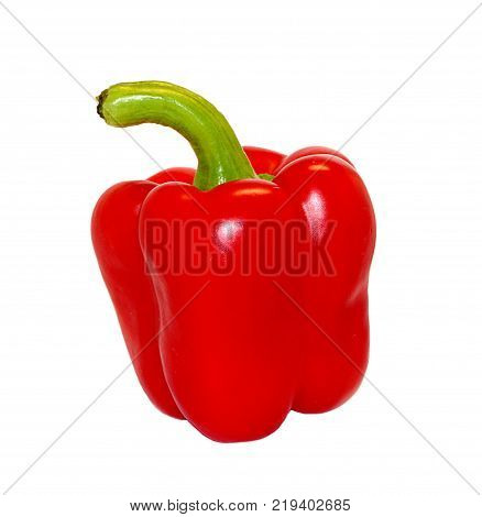One bright red raw washed with green tail bulgarian pepper isolated on white background