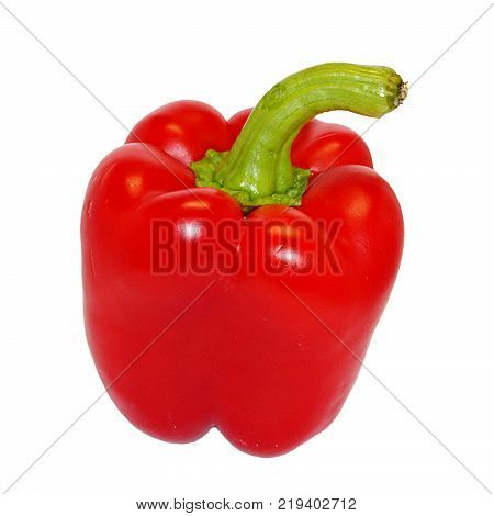 One bright red raw washed with green tail bulgarian pepper isolated on white background
