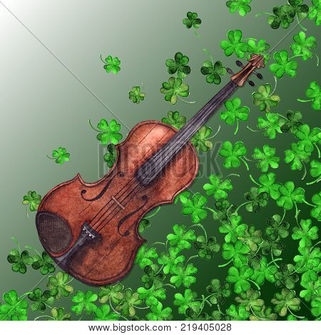 Watercolor wooden vintage violin fiddle musical instrument clover shamrock leaf plant pattern background