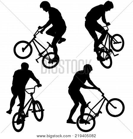 Set silhouette of a cyclist male performing acrobatic pirouettes. vector illustration.