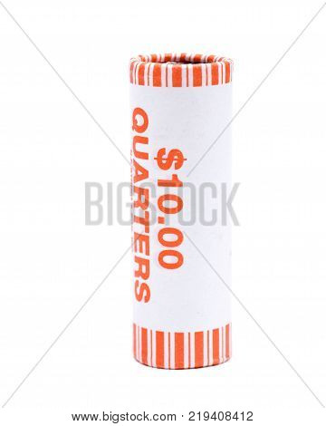 Roll of quarters, 10 dollars in quarters isolated on white background