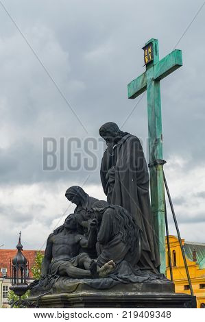 Czech, Prague, gothic sculpture of the Cyril and Methodius on the Charles bridge. Prague, medieval art, statue of Saint on the bridge of King Charles