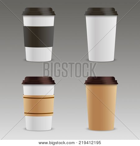Set of paper cups with plastic covers and sleeve to Take-out. Realistic Vector Illustration