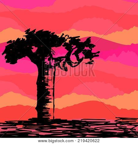 Hand drawn black tree without leaves on red foggy smoky misty . Branches of baobab plant on vector illustration. Simple sketch.