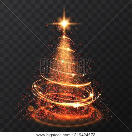 Orange glitter bokeh lights and sparkle stars christmas tree on transparent background. Isolsted light shining abstract gold christmas tree. Vector illlustration