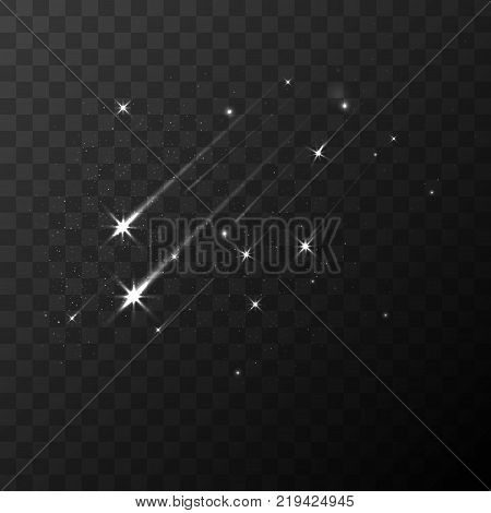 Color vector shooting stars falling stars meteor and comet on transparent plaid background. Fall star in space, fantasy science in cosmos, asteroid color in galaxy
