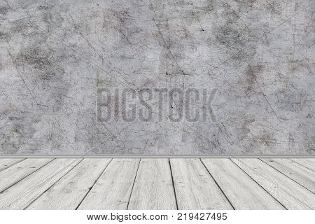 room perspective, grunge grey concrete wall and wooden plank grou