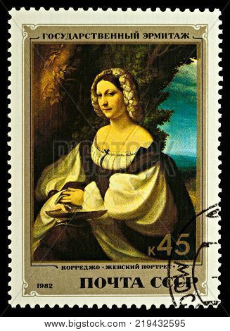 Moscow Russia - December 23 2017: A stamp printed in USSR (Russia) shows portrait of a woman by Correggio (1489-1534) series 