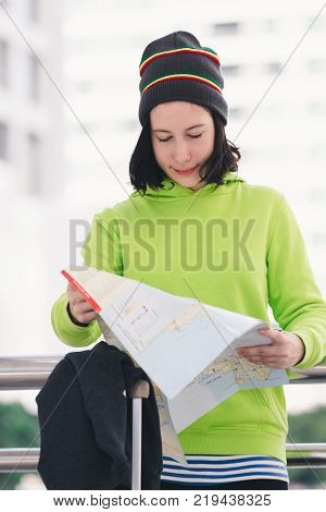 Portrait beautiful young girl russian enjoying smell traval in winter bangkok city thailand