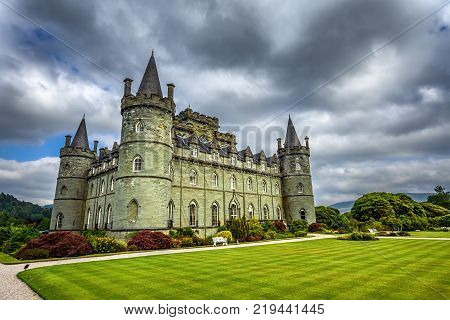 INVERARAY, SCOTLAND, UNITED KINGDOM - SEPTEMBER 8, 2015 : Inveraray Castle in western Scotland, on the shore of Loch Fyne. It has been the seat of the Duke of Argyll, chief of Clan Campbell.