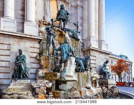 Famous historic landmark in Budapest - Matthias Fountain in the courtyard of the Buda Castle. Hungary