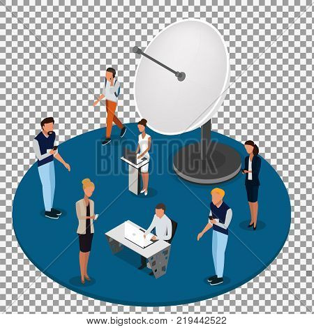 Vector concept of wireless technology devices on transparent background. Flat  isometric poster with smartphone and isometric people. -stock vector