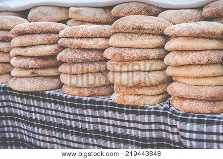 Typical Traditional Moroccan Bread On Street Food Stall, Marrakesh, Morocco