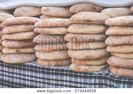Typical Traditional Moroccan Bread On Street Food Stall, Marrakesh, Morocco