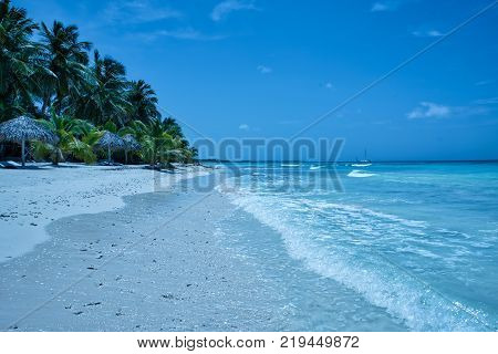 Travel photography - tropical beach with white sand and palms (Saona island, Dominican Republic).