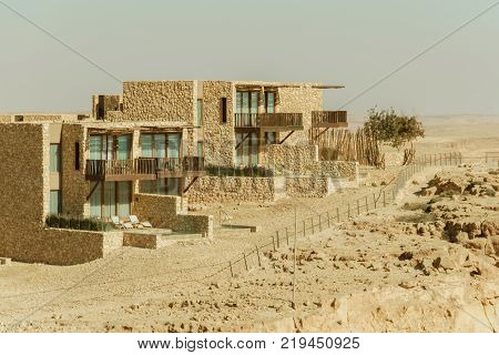 View on buildings in desert negev, crater ramon. Outdoor nature landscape, middle east