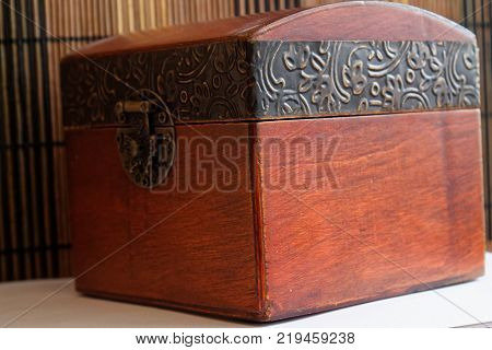 Single Closed Decorative Vintage Old Storage Redwood Box Or Casket back side background
