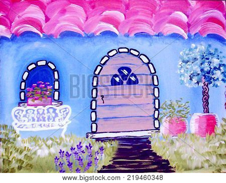 Acrylic painting on canvas of Spanish style home