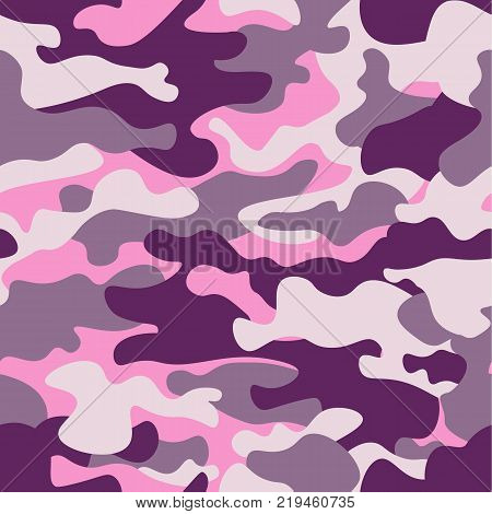 Military camouflage seamless pattern, purple monochrome. Classic clothing style masking camo repeat print. ruby colors texture. Design element. Vector illustration