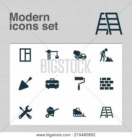 Building icons set with tractor, stair, lifting hook and other builder elements. Isolated vector illustration building icons.