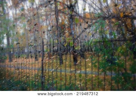 Autumn street on a rainy day view through wet glass