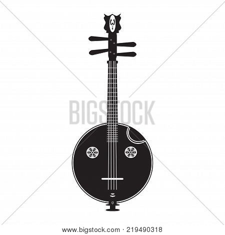 Vector illustration of ruan, traditional chinese plucked string musical instrument isolated on white background. Black and white flat style design.