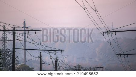 power lines on the background of forest and fog