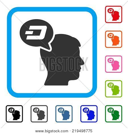 Dash Thinking Balloon icon. Flat gray pictogram symbol inside a blue rounded squared frame. Black, gray, green, blue, red, orange color versions of Dash Thinking Balloon vector.