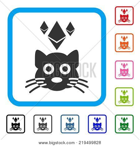 Ethereum Crypto Kitty icon. Flat gray pictogram symbol inside a blue rounded square. Black, gray, green, blue, red, orange color versions of Ethereum Crypto Kitty vector. Designed for web and app UI.