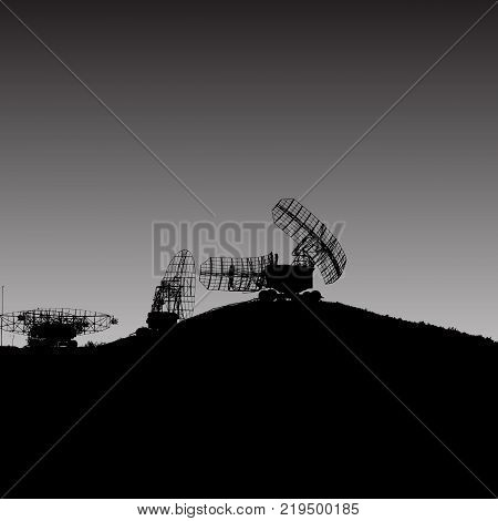 The Silhouette military radar dish. Vector illustration.