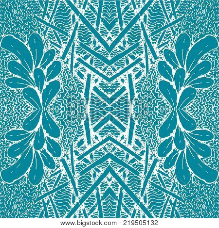 Seamless aqua tile with lacy patterns. Hand drawing in the style of sentangle. Suitable for sheathing or wrapping