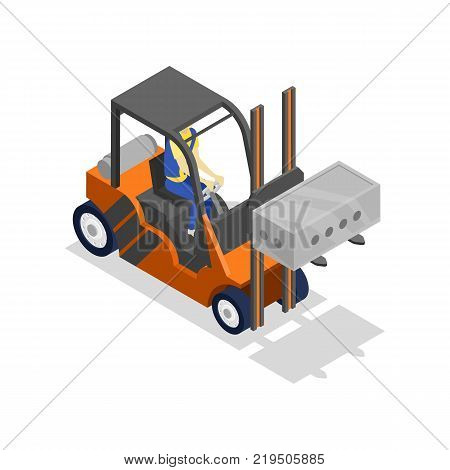 Forklift loading cinder block isometric 3D icon. Storage logistics or house construction vector illustration isolated on white background.