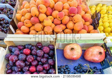 Fresh Red Cherries For Sale In Local Marketplace Texture