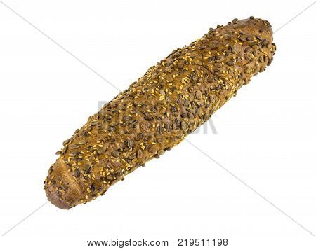 Freshly baked bread from wheat flour with sunflower seeds, pumpkin, sesame isolated on a white background. Baking for a healthy diet.