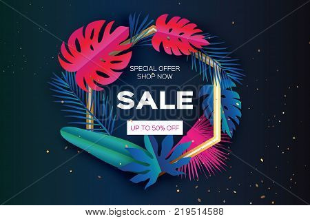 Tropical palm leaves, plants. Colorful Trendy Sale Template banner. Exotic Paper cut art. Hawaiian. Text. Hexagon frame. Origami Monstera jungle floral background. Special offer. Discount. Vector