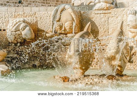 Old architecture zodiac water fountain in jaffa israel. Kedumim square. History sculptures