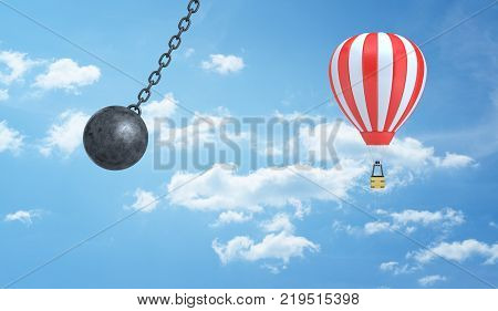 3d rendering of a giant wrecking ball dangerously swings near a striped hot air balloon on a clouded sky background. Dangerous travel. Safety in journey. Insurance business pitfalls.