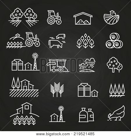 White farm icons and concepts on blackboard. Farm agriculture, village and tractor, field harvest illustration