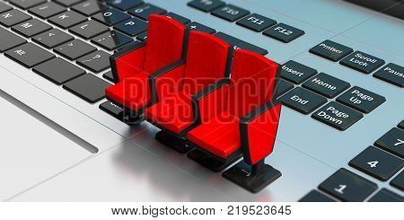 Home Cinema Concept. Cinema Chairs On Laptop. 3D Illustration