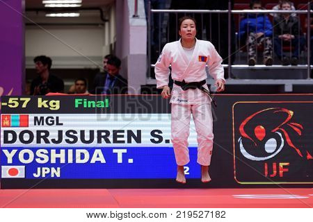 ST. PETERSBURG, RUSSIA - DECEMBER 16, 2017: Sumiya Dorjsuren, Mongolia warms up before the final fight against Tsukasa Yoshida, Japan during Judo World Masters tour. Dorjsuren won gold medal