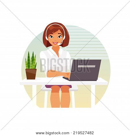 Female operator call center in headphones sitting in the office. Support. Vector illustration