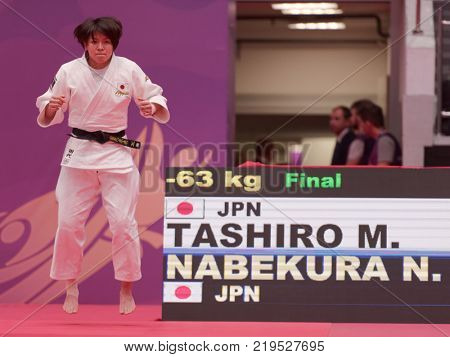 ST. PETERSBURG, RUSSIA - DECEMBER 16, 2017: Miku Tashiro, Japan warms up before the final fight against Nami Nabekura, Japan during Judo World Masters tour. Tashiro won gold medal