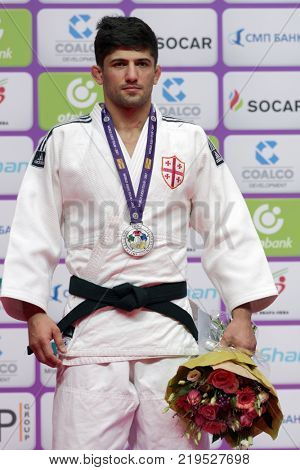 ST. PETERSBURG, RUSSIA - DECEMBER 16, 2017: Lasha Shavdatuashvili, Georgia during award ceremony of Judo World Masters 2017. Shavdatuashvili won silver medal in Men U73