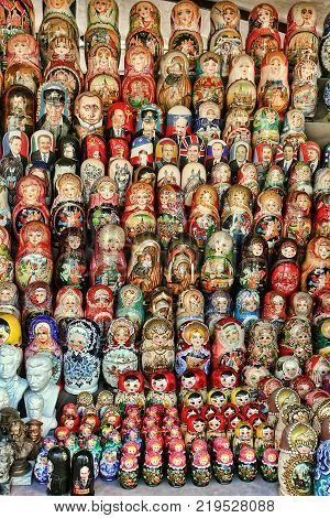 MOSCOW -September 19 2017: Very large selection of matryoshkas and other Russian souvenirs at the gift shop on September 19 2017 in Moscow on Red Square. Nesting dolls are the most popular souvenirs from Russia.