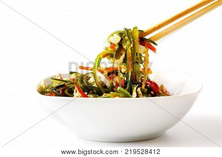 Hiyashi Wakame Chuka or seaweed salad on table Japanese food