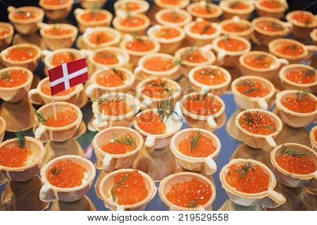 Delicious sandwiches with red caviar. Fresh bread for Breakfast.