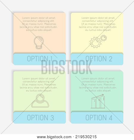 Infographics template four options with square. Can be used for workflow layout, diagram, number options, step up options, web design, presentations.