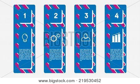 Infographic template of four steps on squares, tag banner, work sheet, flat design of business icon, vector.