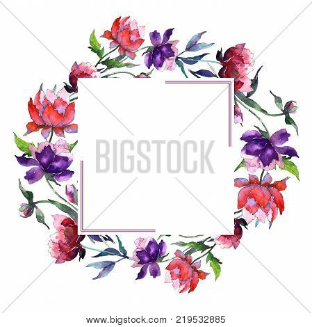 Wildflower peony flower frame in a watercolor style. Full name of the plant: peony. Aquarelle wild flower for background, texture, wrapper pattern, frame or border.