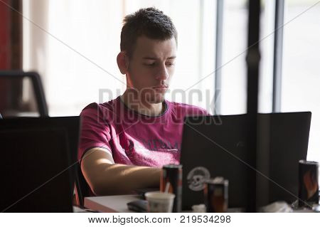 Belarus Minsk 06 August 2016 The Park of High Technologies. Competitions programmers.A young man is working at the computer.Work of the programmer.
